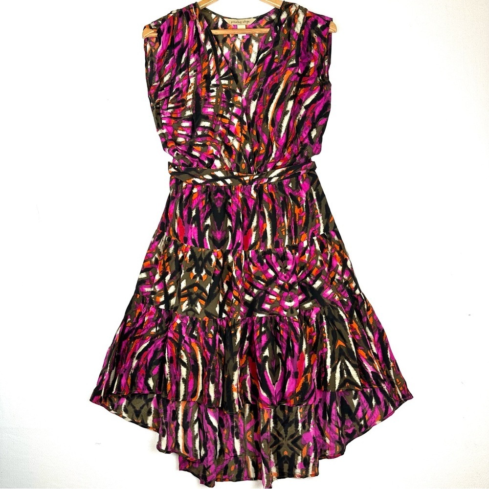 Presley‎ Skye Silk Mini Dress Faux Wrap Top  Belted Asymmetrical Tiered Ruffle